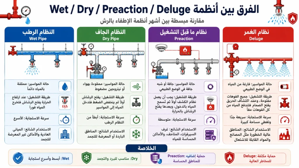 الفرق بين Wet / Dry / Preaction / Deluge
